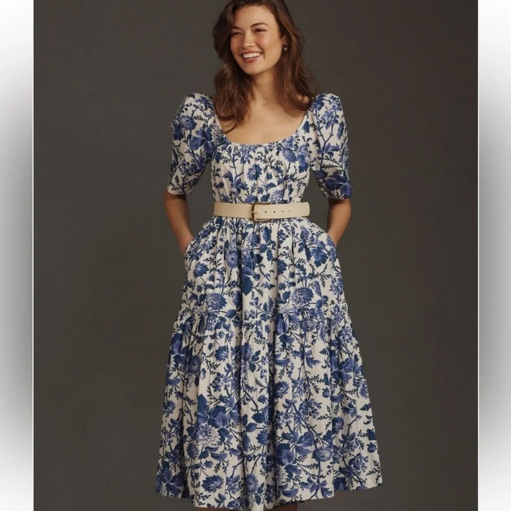 Anthropologie Blue and Cream Floral Puff-Sleeve Midi Dress - Picture 1 of 4